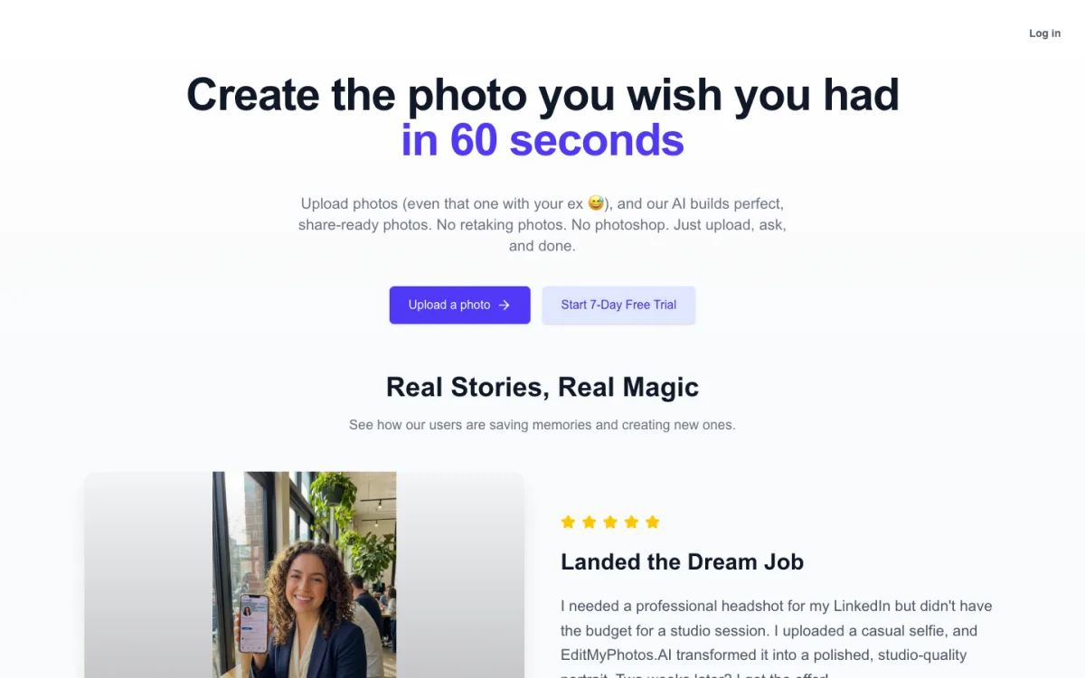 EditMyPhotos.AI homepage promoting fast AI photo editing
