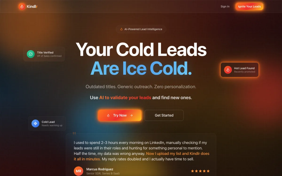 Kindlr homepage presenting AI-powered lead intelligence